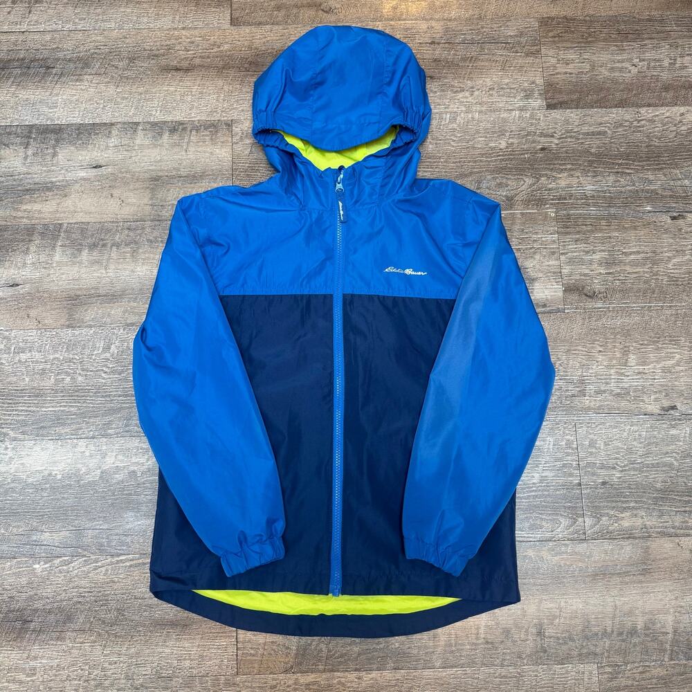 Eddie Bauer Kids Size M 10/12 Blue Colorblock Hooded Rain Jacket Windbreaker